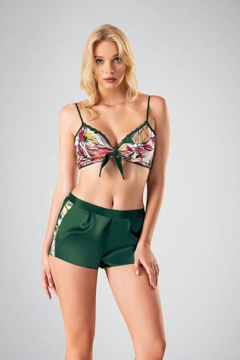 Desenli Şort Takım ve Sabahlık Kadın Pijama Takımı Ahu 7727 - Yeşil