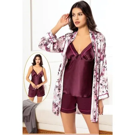 Desenli Saten 3'lü Sabahlık Pijama Çeyiz Seti XSES 2156 - Mor