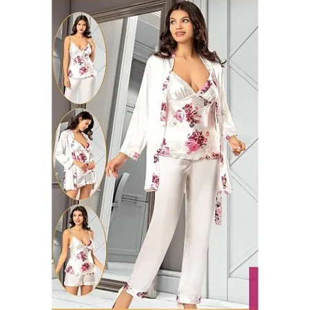 Çiçek Desenli Saten Şortlu Sabahlık Pijama Seti XSES 2155 - Pembe