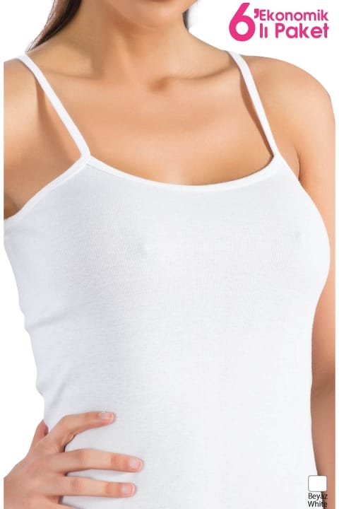 Pamuklu 6 Adet Büyük Beden İp Askılı Kadın Atlet Lüx DRM 6501 - Beyaz