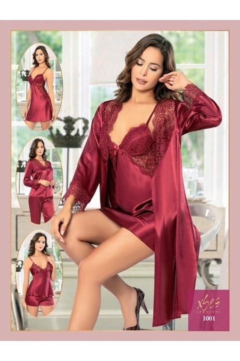 Dantelli Saten Gecelik Takımı Pembe XSES 1001 - Bordo