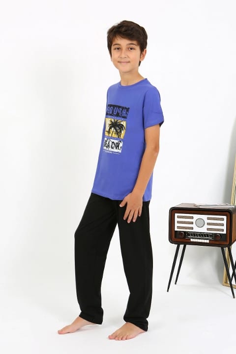 Yuvarlak Yaka Kısa Kollu Penye Erkek Çocuk Pijama Takım Akbeniz 20758 - Saks
