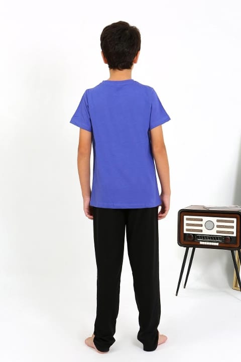 Yuvarlak Yaka Kısa Kollu Penye Erkek Çocuk Pijama Takım Akbeniz 20758 - Saks