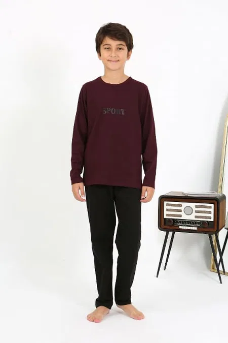 Uzun Kollu Erkek Çocuk Penye Pijama Takım Akbeniz 20437 - Bordo