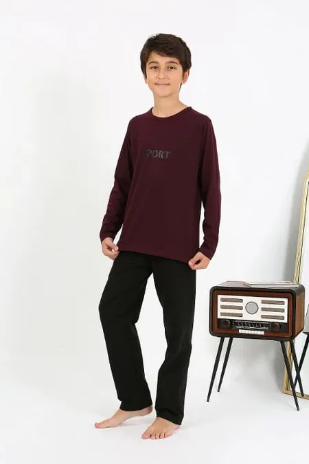 Uzun Kollu Erkek Çocuk Penye Pijama Takım Akbeniz 20437 - Bordo
