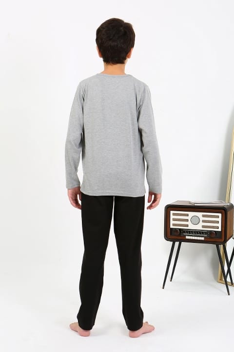 Yuvarlak Yaka Uzun Kol Penye Erkek Çocuk Pijama Takım Akbeniz 20437 - Gri