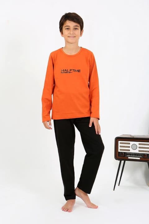 Penye Turuncu Erkek Çocuk Uzun Kol Pijama Takım Akbeniz 20437 - Turuncu