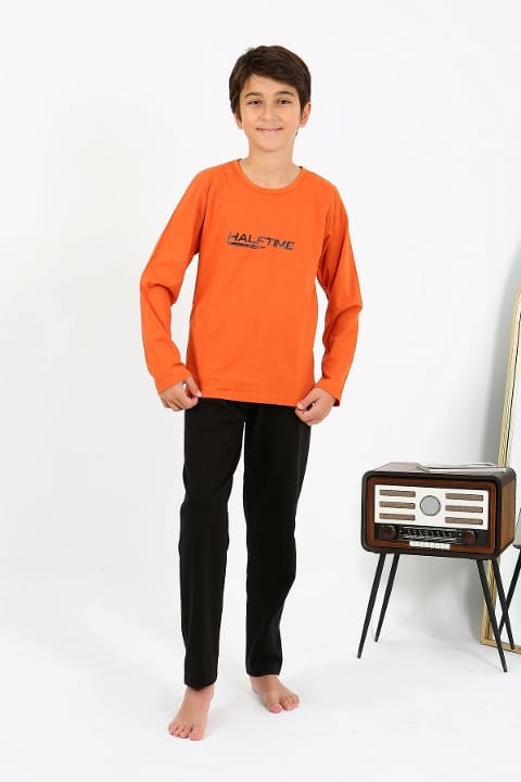 Penye Turuncu Erkek Çocuk Uzun Kol Pijama Takım Akbeniz 20437 - Turuncu