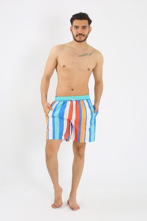 Desenli Fermuar Cepli Deniz Şortu Mavi Akbeniz 27526 - Mavi