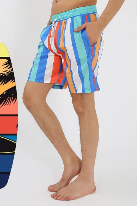 Desenli Fermuar Cepli Deniz Şortu Mavi Akbeniz 27526 - Mavi
