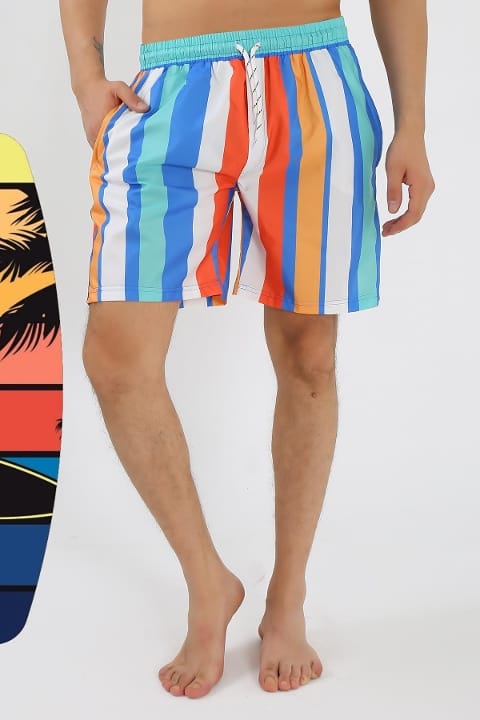 Desenli Fermuar Cepli Deniz Şortu Mavi Akbeniz 27526 - Mavi