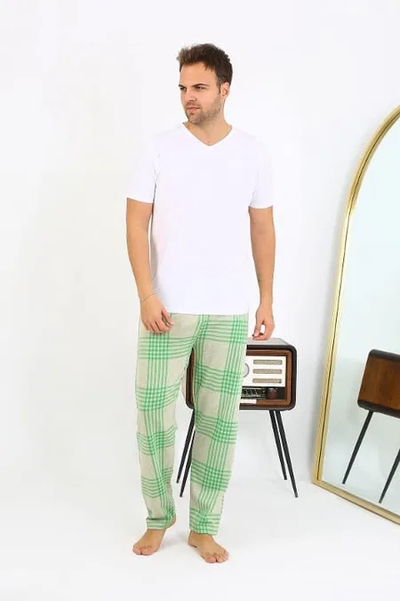 Ekoseli Desen Penye Erkek Tek Alt Pijama Akbeniz 27540 - Yeşil
