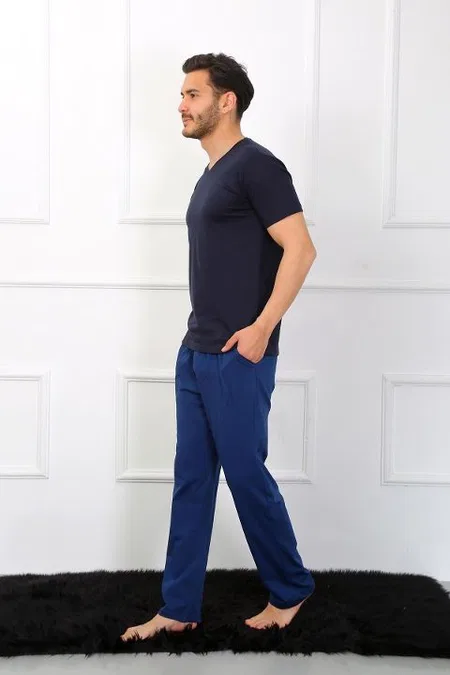 Penye 3'lü Lacivert V Yaka Erkek Pijama Takımı Akbeniz 6822 - Lacivert