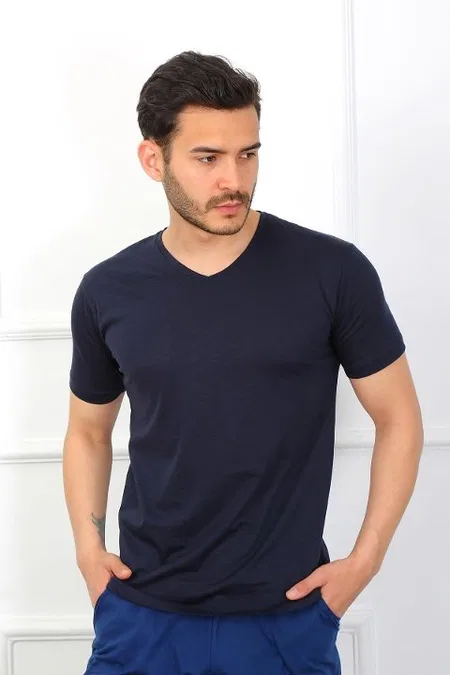 Penye 3'lü Lacivert V Yaka Erkek Pijama Takımı Akbeniz 6822 - Lacivert
