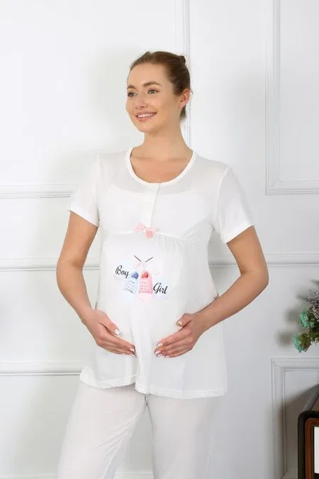 Patik Desenli Kısa Kollu Hamile Lohusa Pijama Takımı Ekru Akbeniz 45210 - Ekru