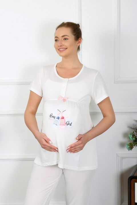 Patik Desenli Kısa Kollu Hamile Lohusa Pijama Takımı Ekru Akbeniz 45210 - Ekru