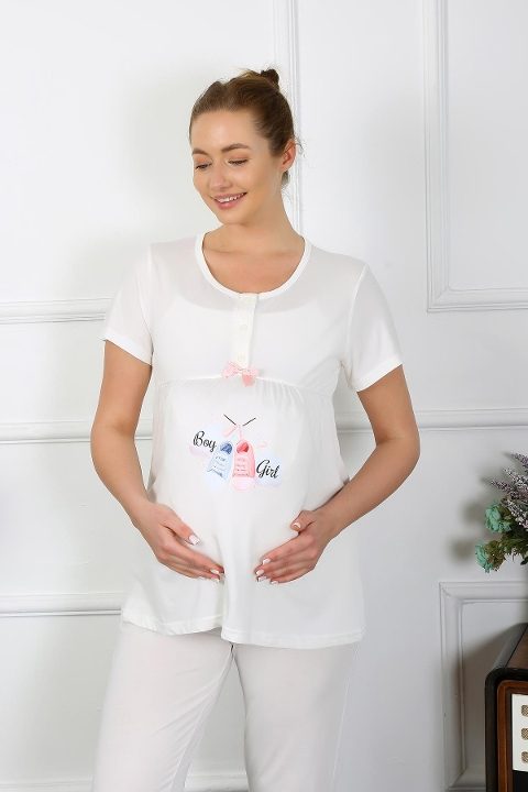Patik Desenli Kısa Kollu Hamile Lohusa Pijama Takımı Ekru Akbeniz 45210 - Ekru
