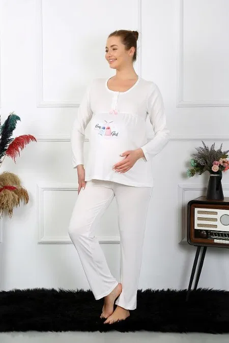 Düğmeli Uzun Kollu Hamile Lohusa Pijama Takımı Ekru Akbeniz 45501 - Ekru