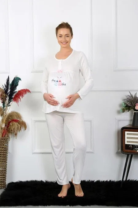 Düğmeli Uzun Kollu Hamile Lohusa Pijama Takımı Ekru Akbeniz 45501 - Ekru