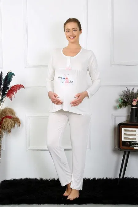 Düğmeli Uzun Kollu Hamile Lohusa Pijama Takımı Ekru Akbeniz 45501 - Ekru