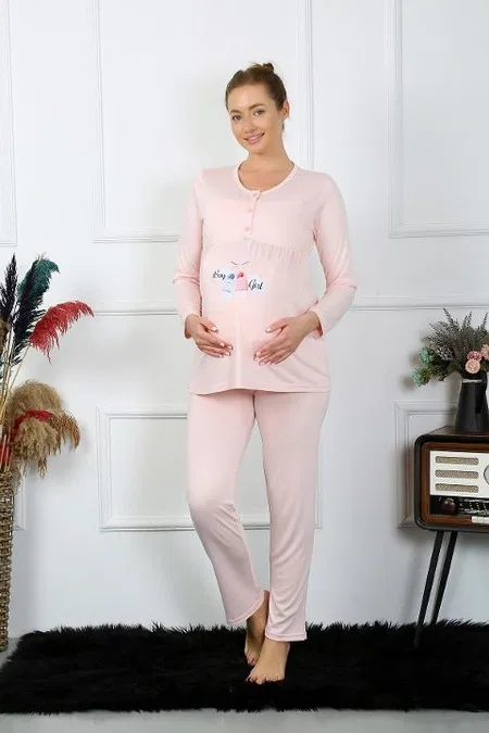 Uzun Kollu Hamile Lohusa Pijama Takımı Pudra Akbeniz 45501 - Pudra