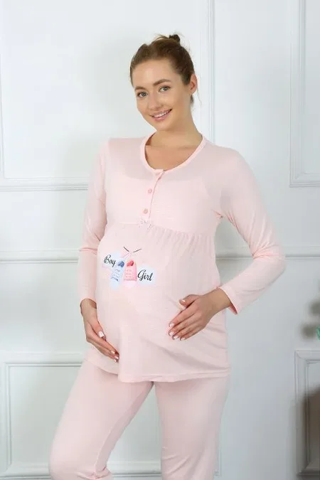 Uzun Kollu Hamile Lohusa Pijama Takımı Pudra Akbeniz 45501 - Pudra