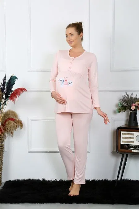 Uzun Kollu Hamile Lohusa Pijama Takımı Pudra Akbeniz 45501 - Pudra