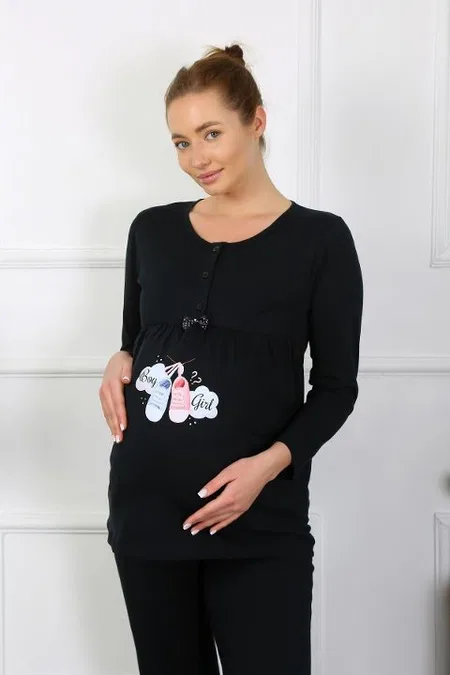 Patik Desenli Uzun Kollu Hamile Lohusa Pijama Takımı Siyah Akbeniz 45501 - Siyah