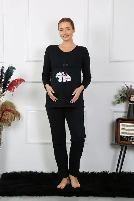 Patik Desenli Uzun Kollu Hamile Lohusa Pijama Takımı Siyah Akbeniz 45501 - Siyah