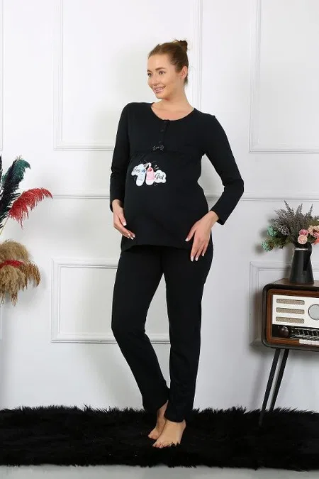 Patik Desenli Uzun Kollu Hamile Lohusa Pijama Takımı Siyah Akbeniz 45501 - Siyah