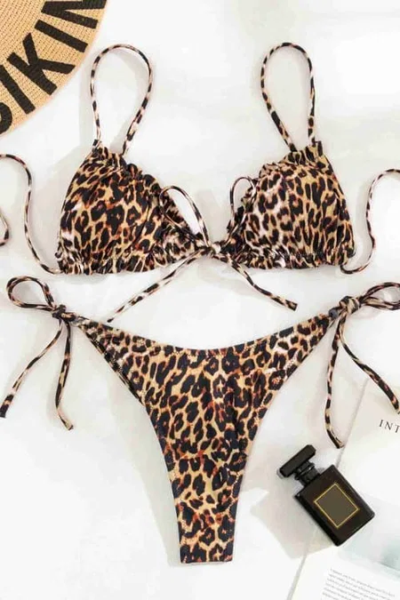 Angelsin Leopar Desenli İpli Tasarım Bağlamalı Bikini Üstü MS 43769 - Çok Renkli - Çok Renkli