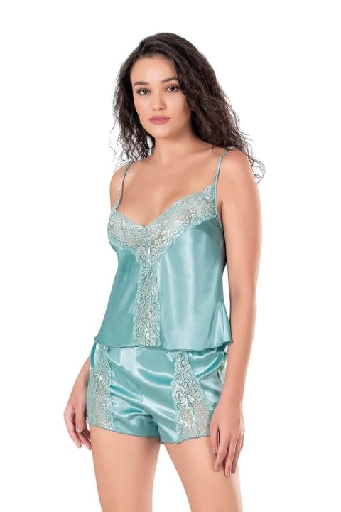 Mürdüm Saten Babydoll Şort Takımı Ahu 9103 - Turkuaz