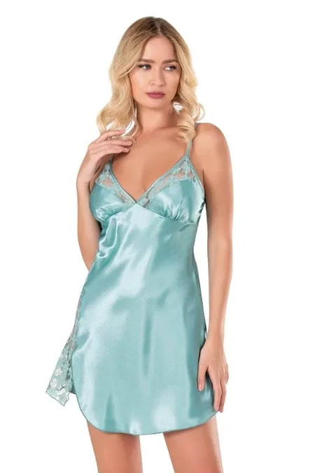 Saten Mürdüm Gecelik Kadın Ahu Lingerie 8117 - Turkuaz