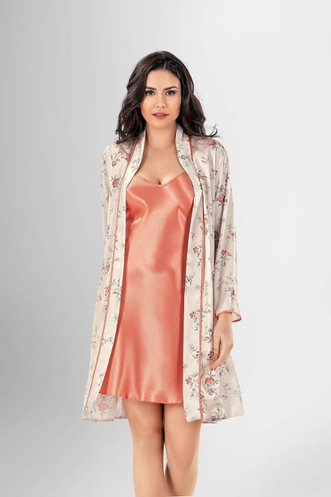 Büzgülü Askılı Kısa Gecelik Sabahlık Takımı Bordo Ahu 1962