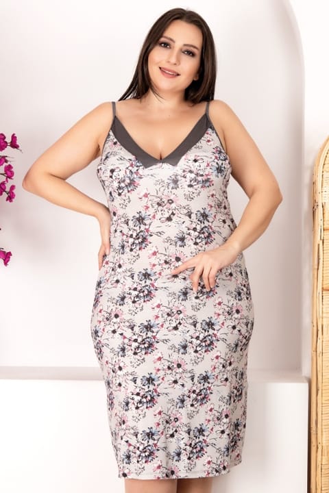 Büyük Beden Çiçek Desenli Askılı Kadın Gecelik Lady 8906 - Beyaz