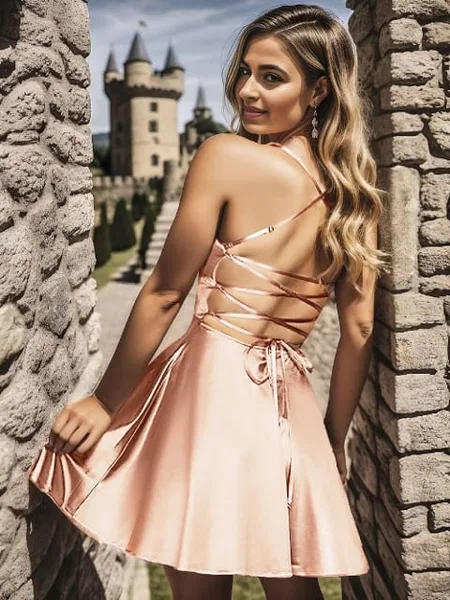Sırt Dekolteli Askılı Bordo Saten Mini Elbise Pink Night 3388 - Somon