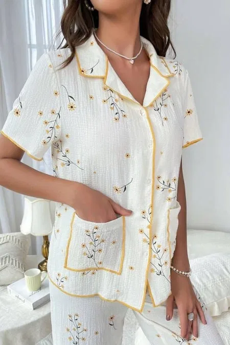 Papatya Desenli Cep Detaylı Pijama Takımı Bella Notte 7019 - Beyaz