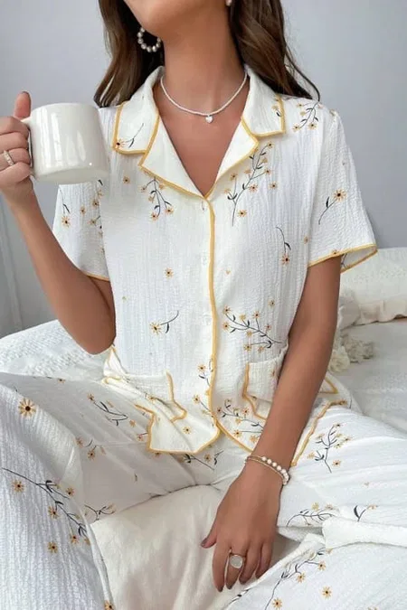 Papatya Desenli Cep Detaylı Pijama Takımı Bella Notte 7019 - Beyaz