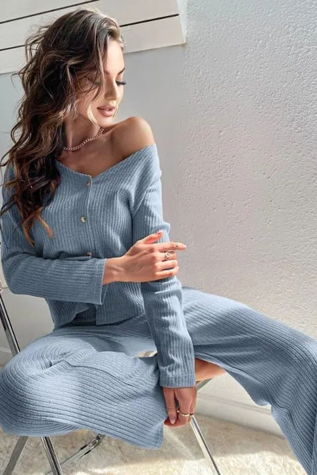 Mavi Hırkalı Pamuklu Pijama Takımı Bella Notte 7071 - Mavi