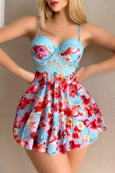 Mavi Rüya Gecesi Çiçekli Askılı Mini Gecelik Bella Notte 15628 - Mavi