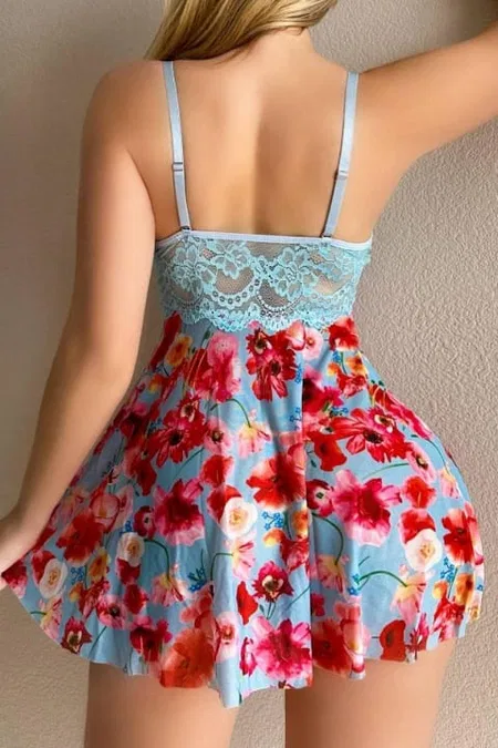 Mavi Rüya Gecesi Çiçekli Askılı Mini Gecelik Bella Notte 15628 - Mavi