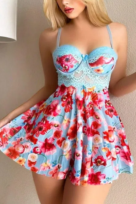 Mavi Rüya Gecesi Çiçekli Askılı Mini Gecelik Bella Notte 15628 - Mavi