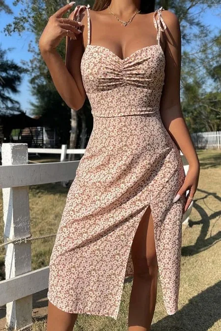 Pembe Bahar Yırtmaçlı Elbise Bella Notte E-5501 - Pembe