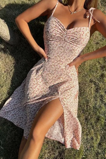 Pembe Bahar Yırtmaçlı Elbise Bella Notte E-5501 - Pembe