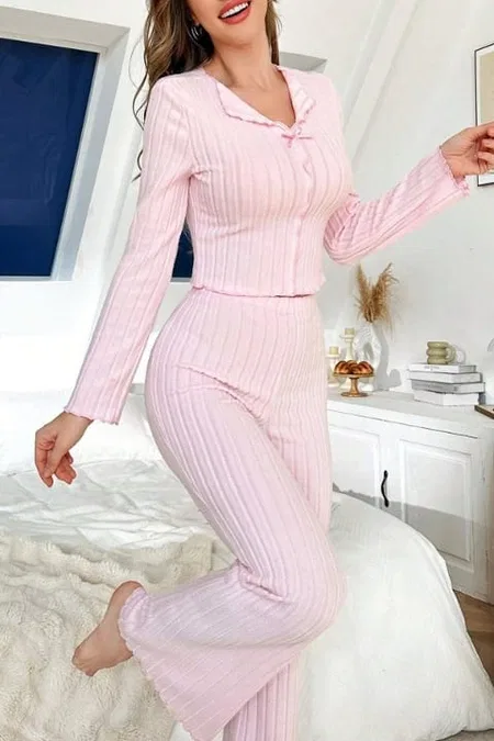 Pembe Fiyonk Detaylı Pamuklu Pijama Takımı Bella Notte 7097 - Pembe