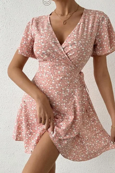 Kısa Kollu Anvelop Mini Kadın Elbise Bella Notte 5503 - Pembe