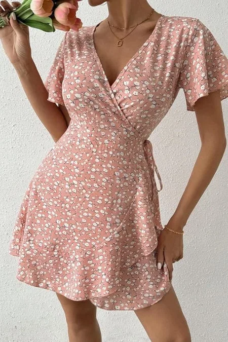 Kısa Kollu Anvelop Mini Kadın Elbise Bella Notte 5503 - Pembe