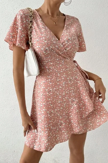 Kısa Kollu Anvelop Mini Kadın Elbise Bella Notte 5503 - Pembe