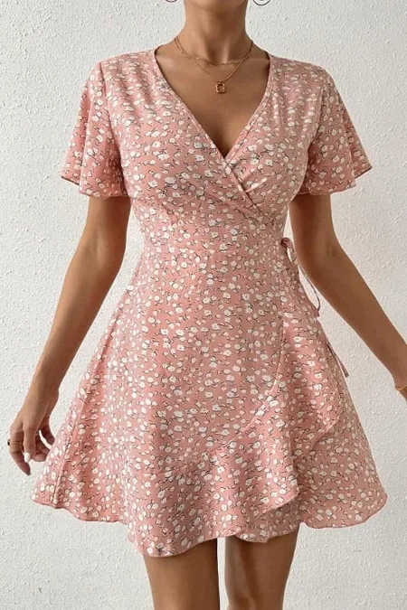 Kısa Kollu Anvelop Mini Kadın Elbise Bella Notte 5503 - Pembe