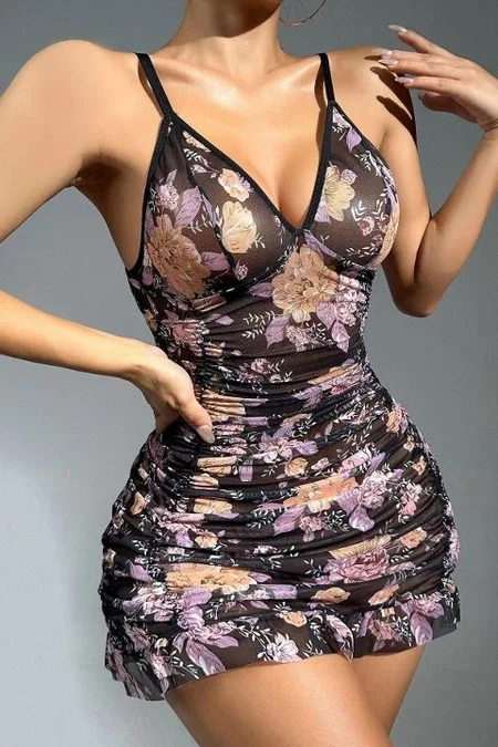 Siyah Çiçek Desenli Transparan Mini Elbise Bella Notte 15570 - Siyah